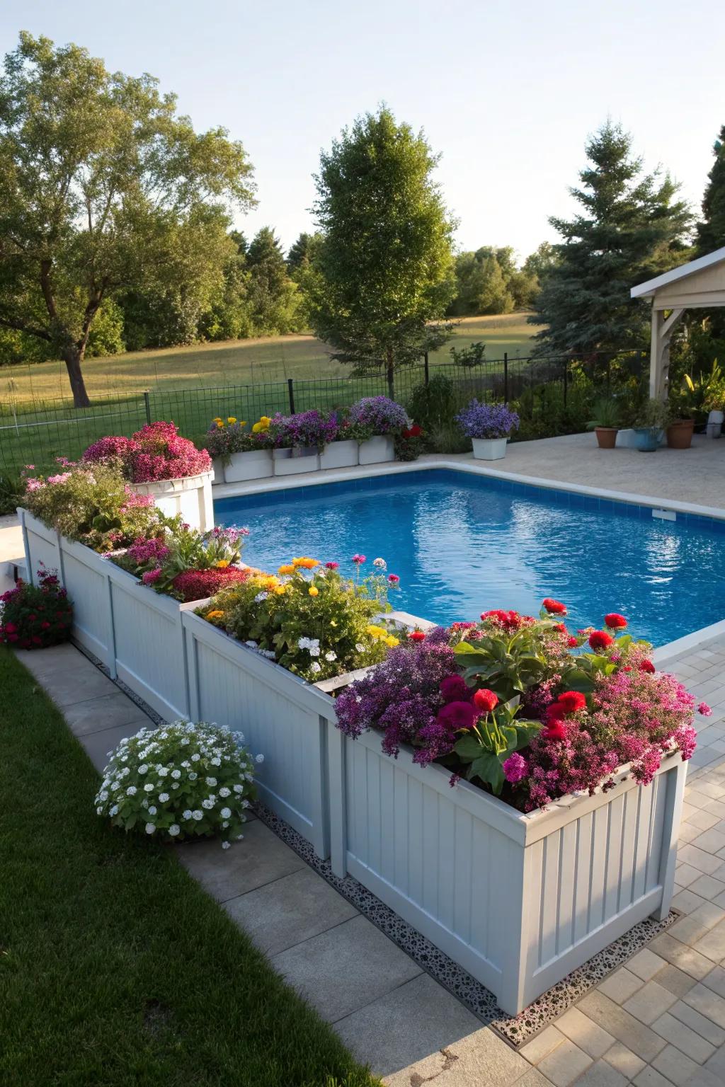 Coordinated planters that accentuate the pool's beauty with blooming flowers.