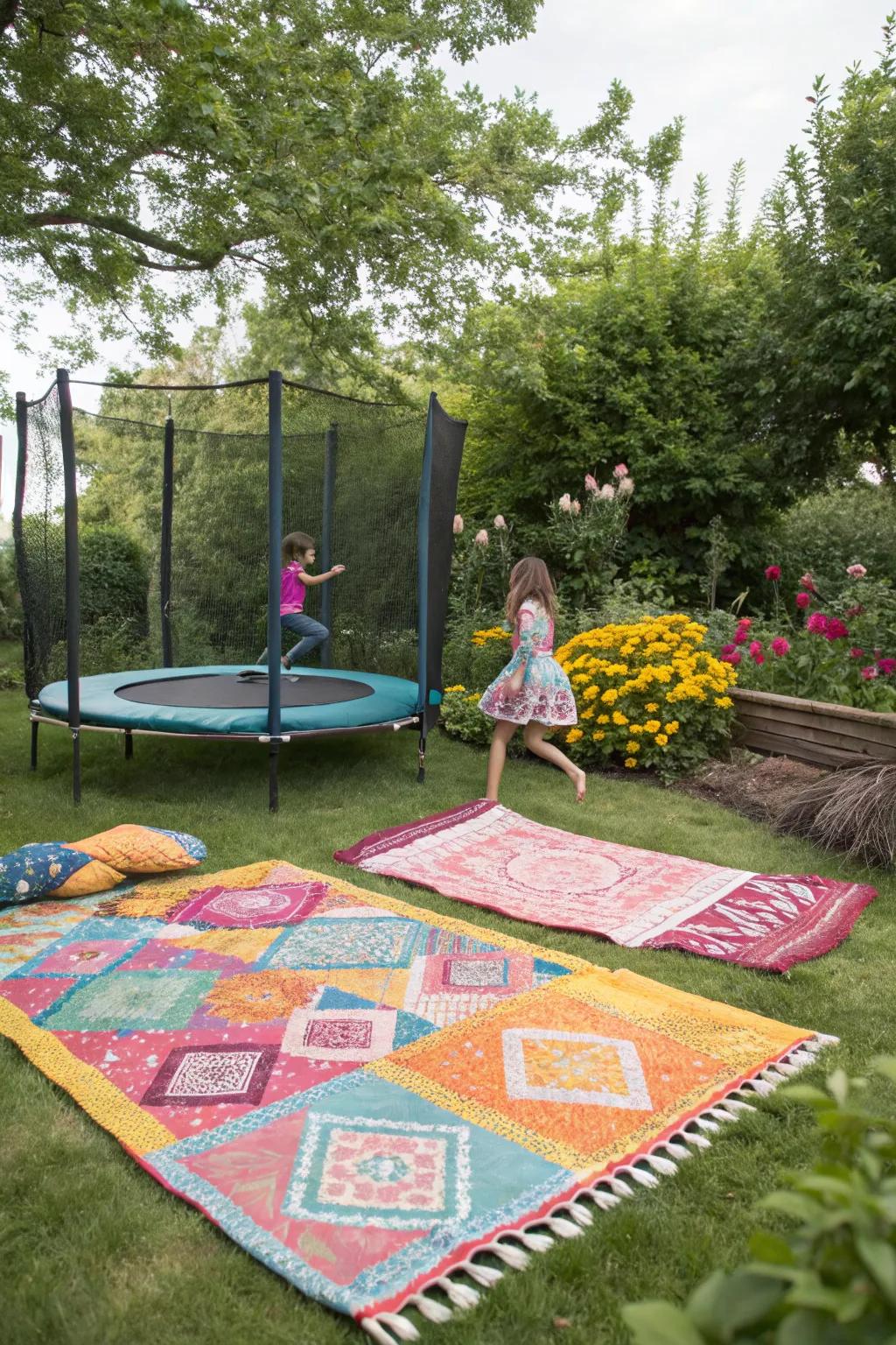 Outdoor rugs bring color and definition to your trampoline area.