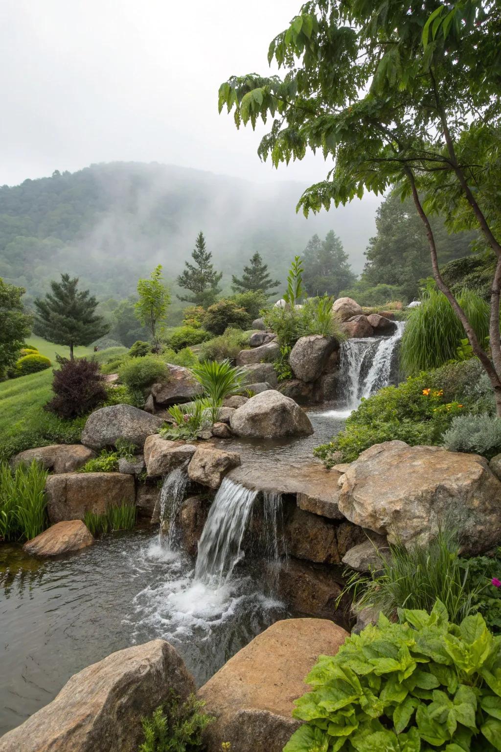 A garden waterfall adds movement and tranquility to a lush landscape.