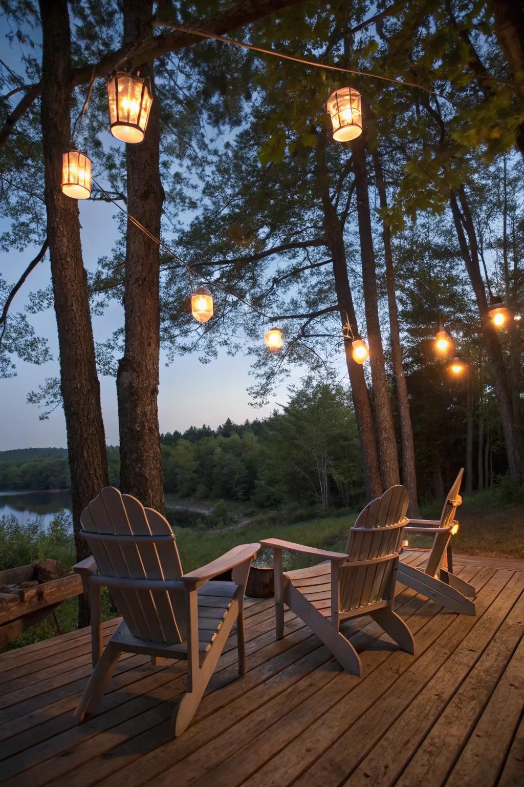 Lanterns add a warm glow to Adirondack seating at night.