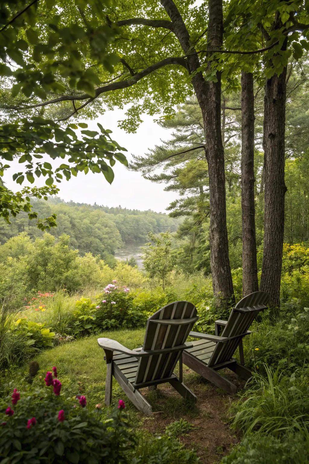 Secret garden hideaway with Adirondack chairs for quiet retreats.