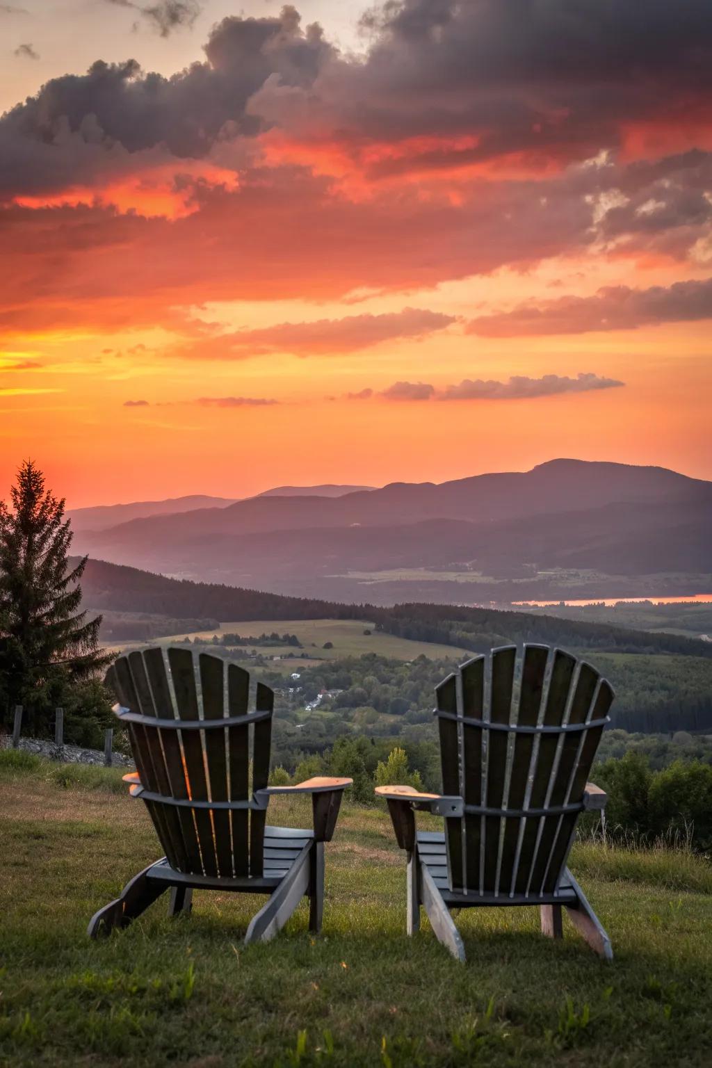 Adirondack chairs offer a perfect spot to enjoy the sunset.