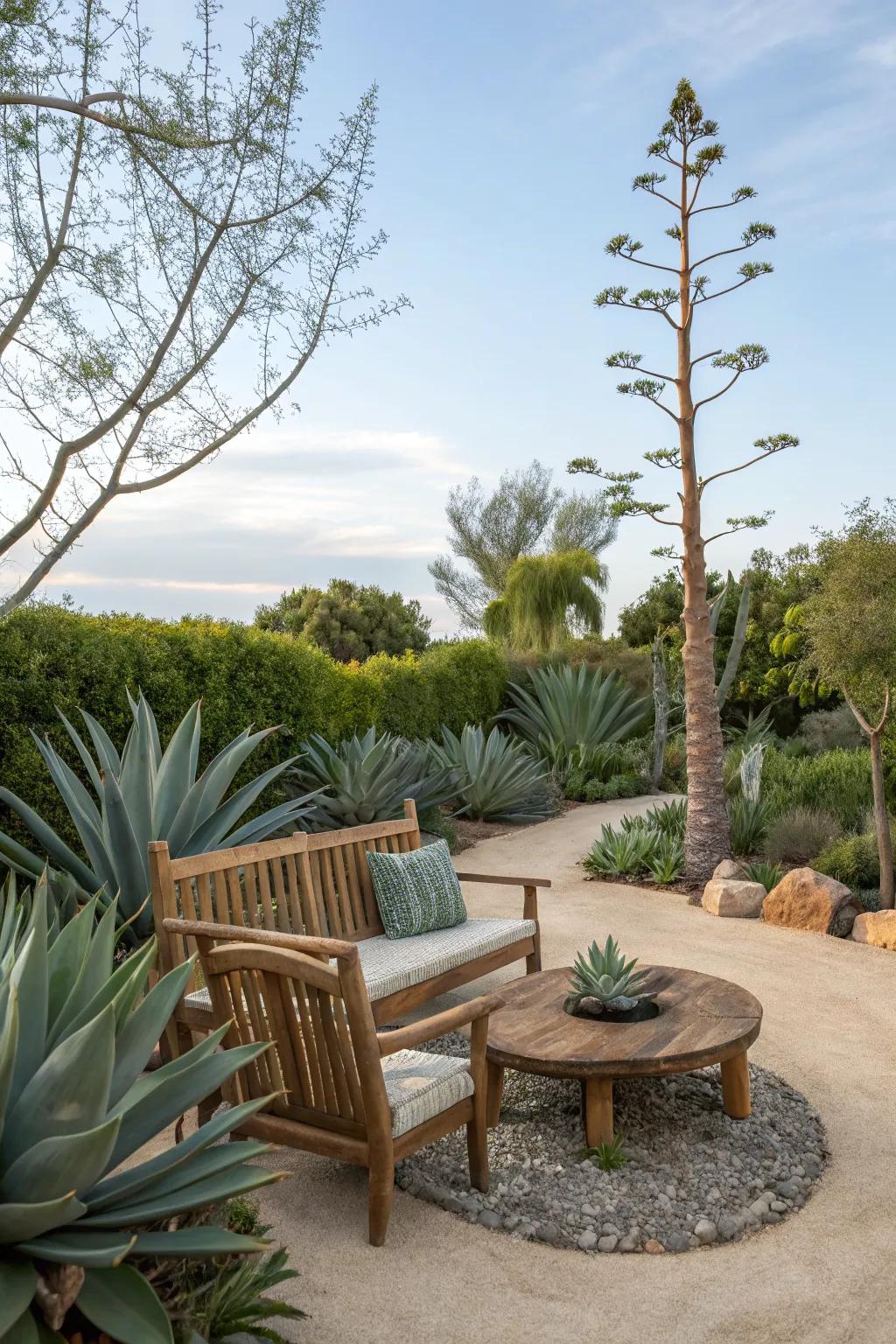 Tranquil seating area with agave plants.