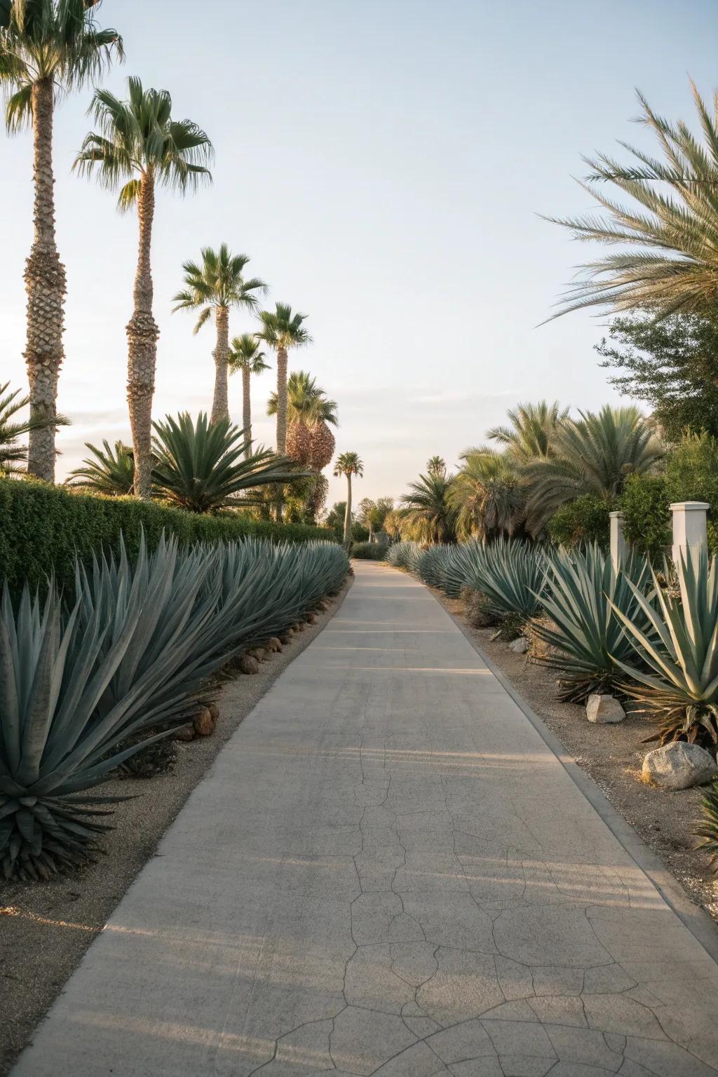Agave plants creating an impressive alley.