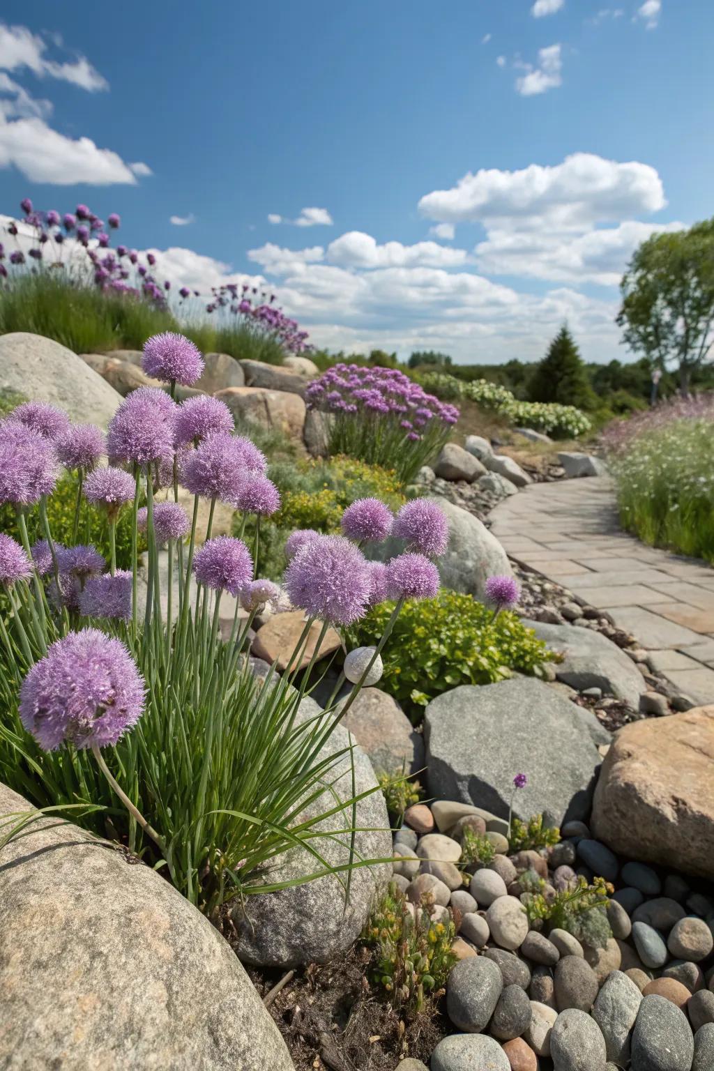 Alliums adding a pop of color in a rock garden