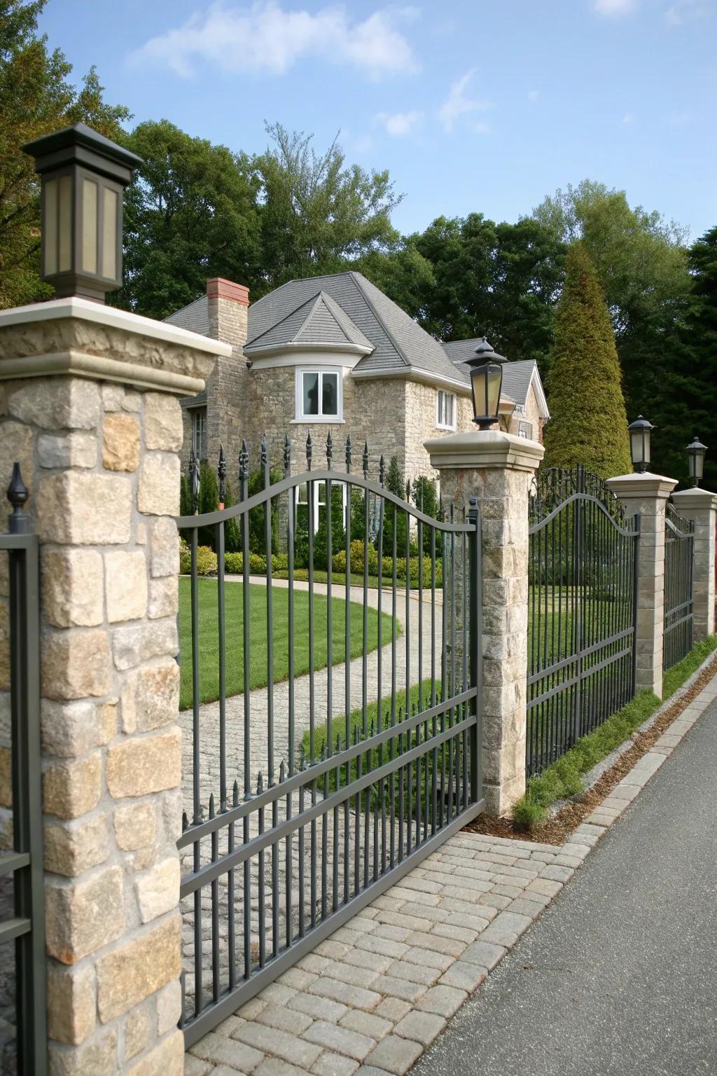 Sophisticated entrance: aluminum fence with stone pillars.