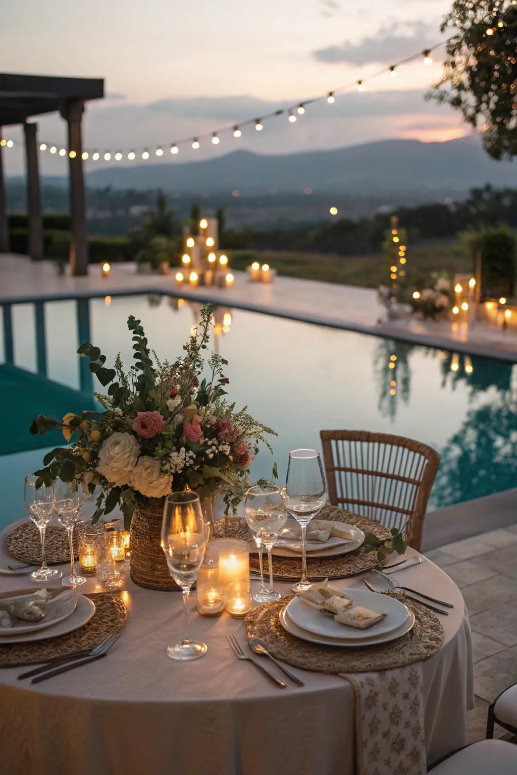 An elegant poolside dining area, perfect for special occasions.