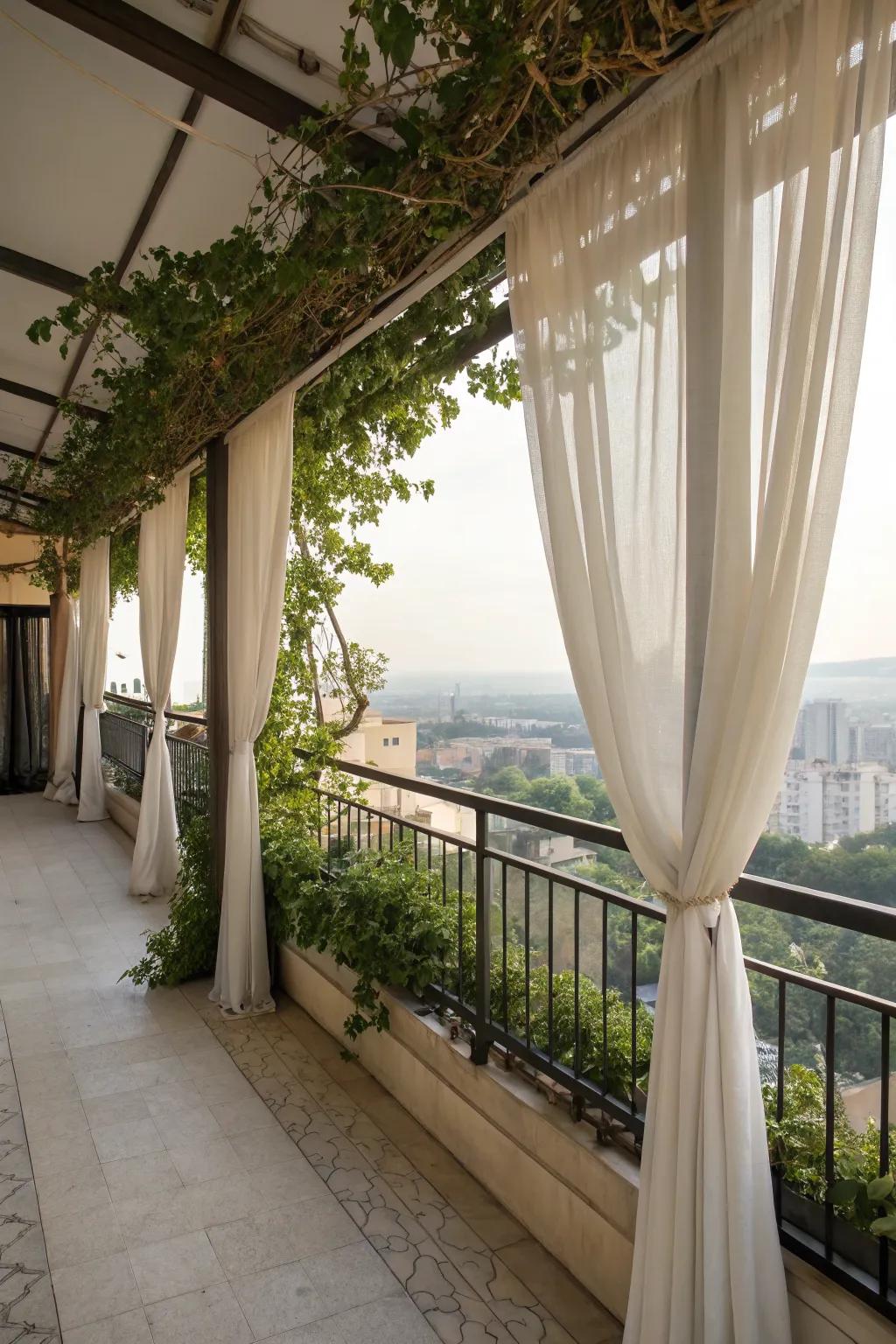 A pergola with drapes offers a versatile privacy solution and a room-like feel.