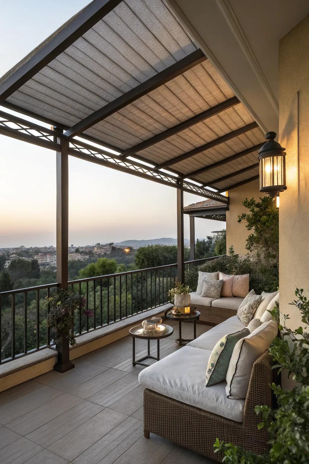 A fixed roof offers durable, all-weather protection for balconies.