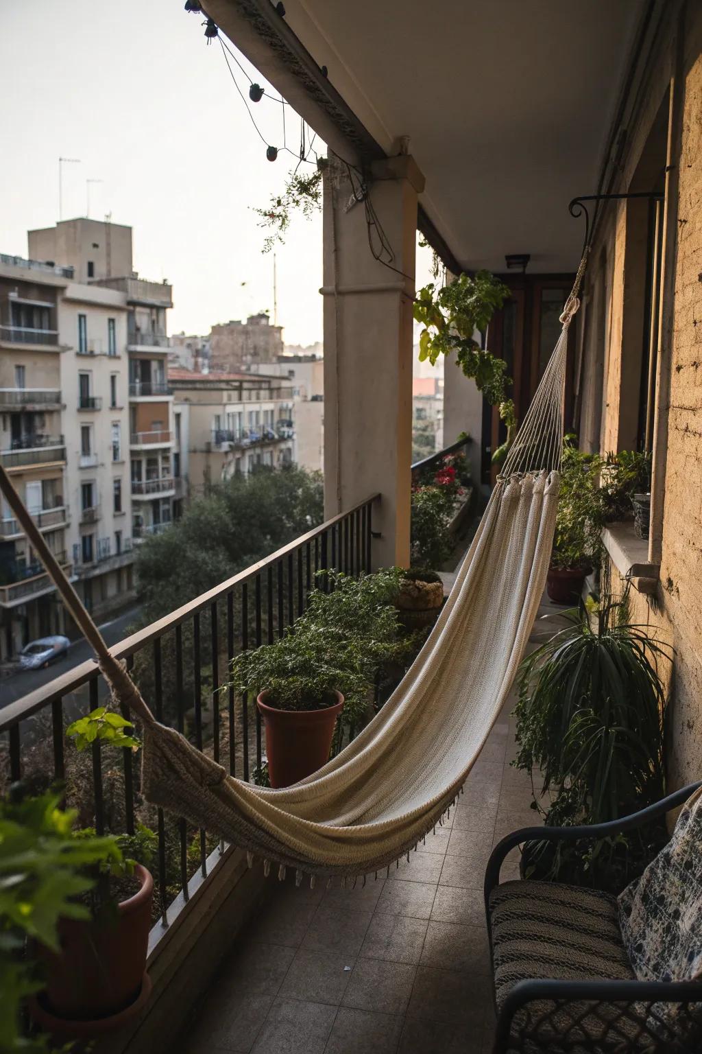 A hammock providing a relaxing statement on a narrow apartment balcony.