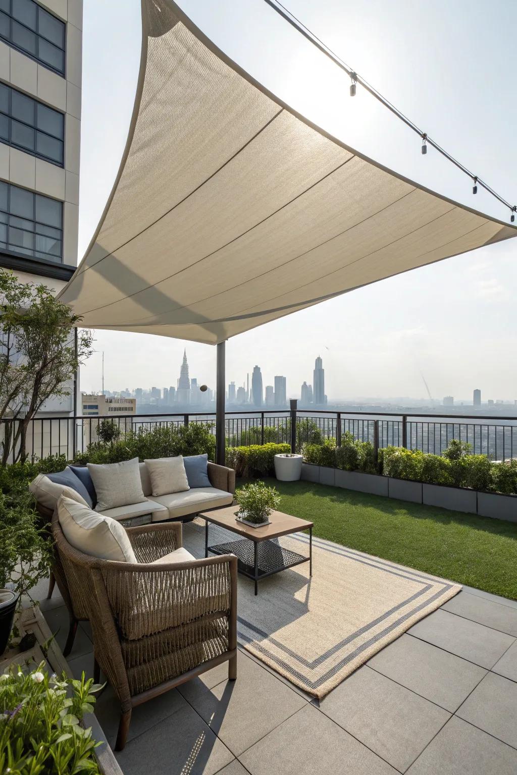 A shade sail offers style and sun protection.