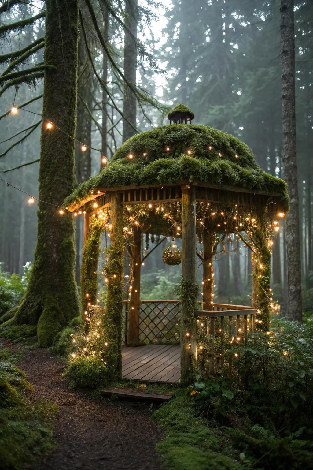 Moss and fairy lights create an enchanted forest vibe.
