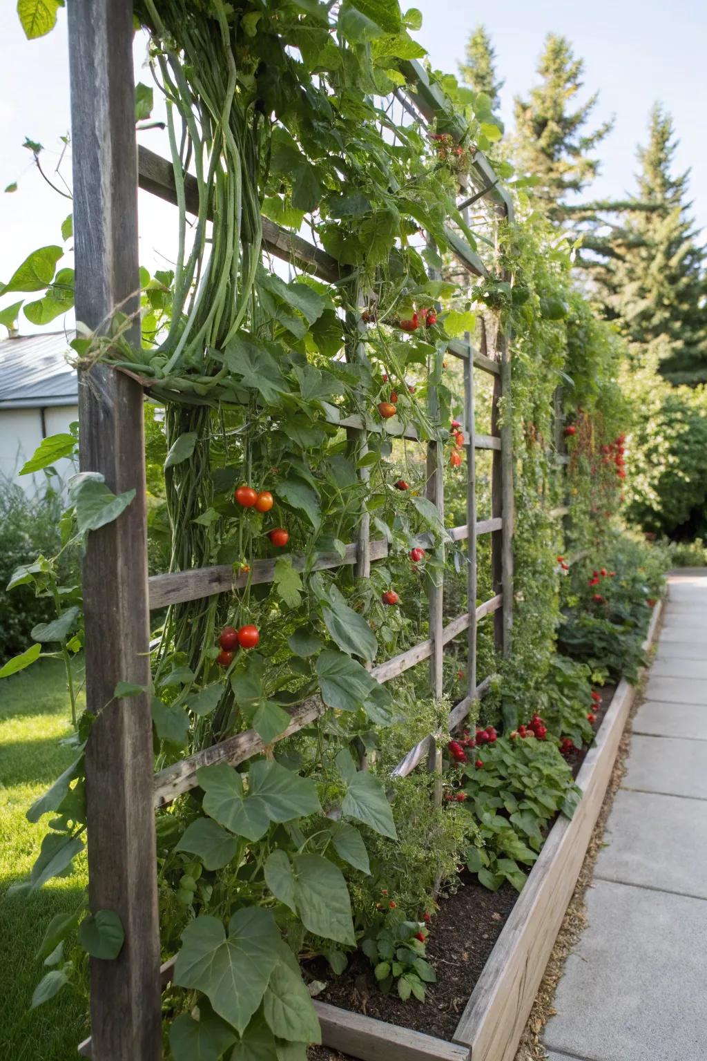 Edible trellis garden, combining beauty with the utility of fresh produce.