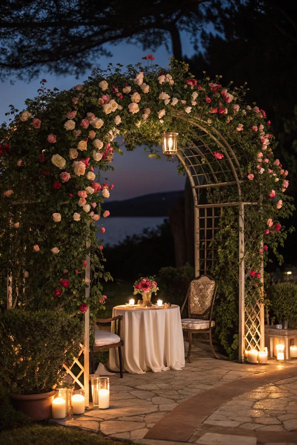 A romantic retreat with a rose-covered trellis.