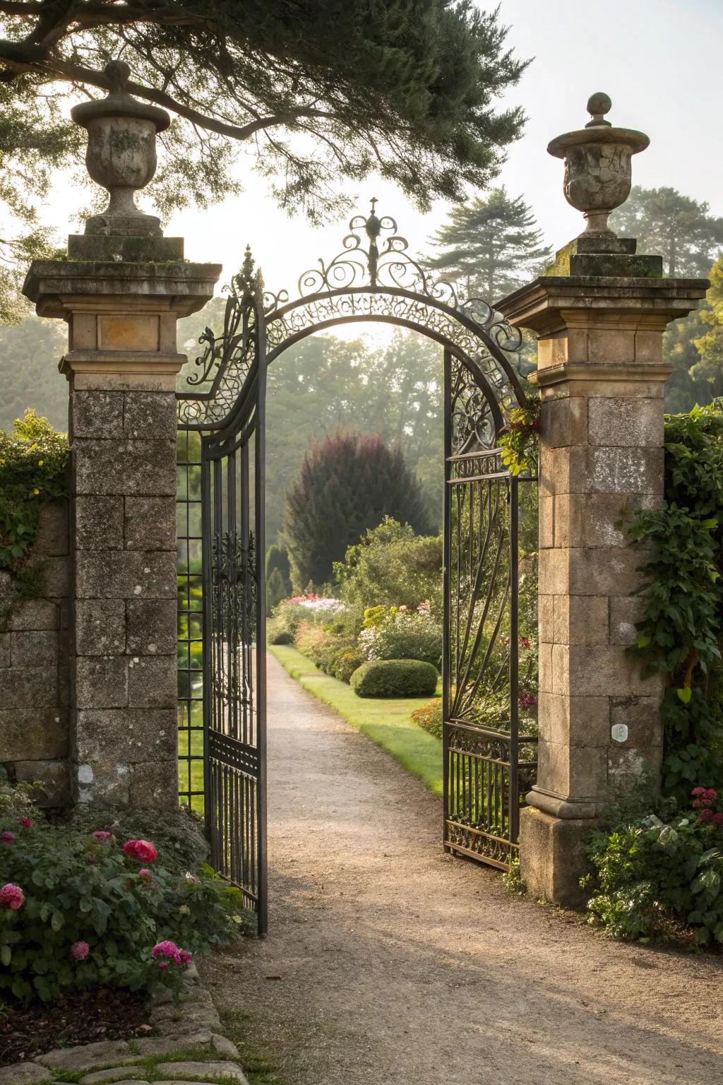 Stone pillars providing a stately entrance to a garden gate.