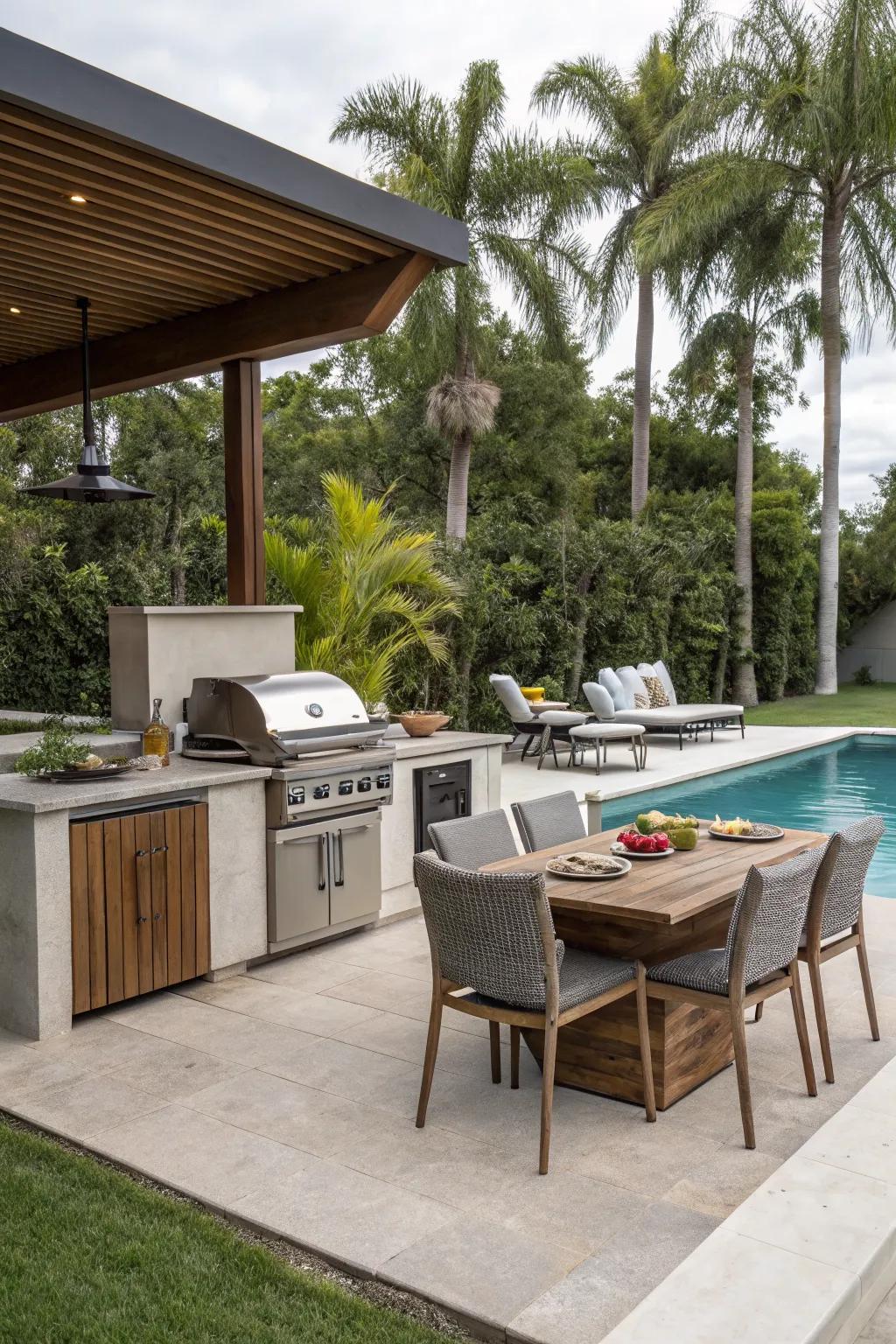 An outdoor kitchen provides the perfect setup for poolside dining and entertaining.