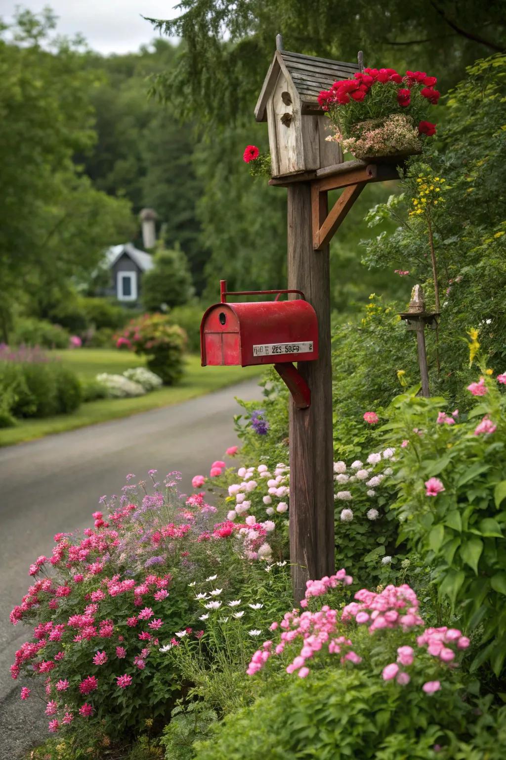A birdhouse adds a touch of nature and charm to your mailbox area.
