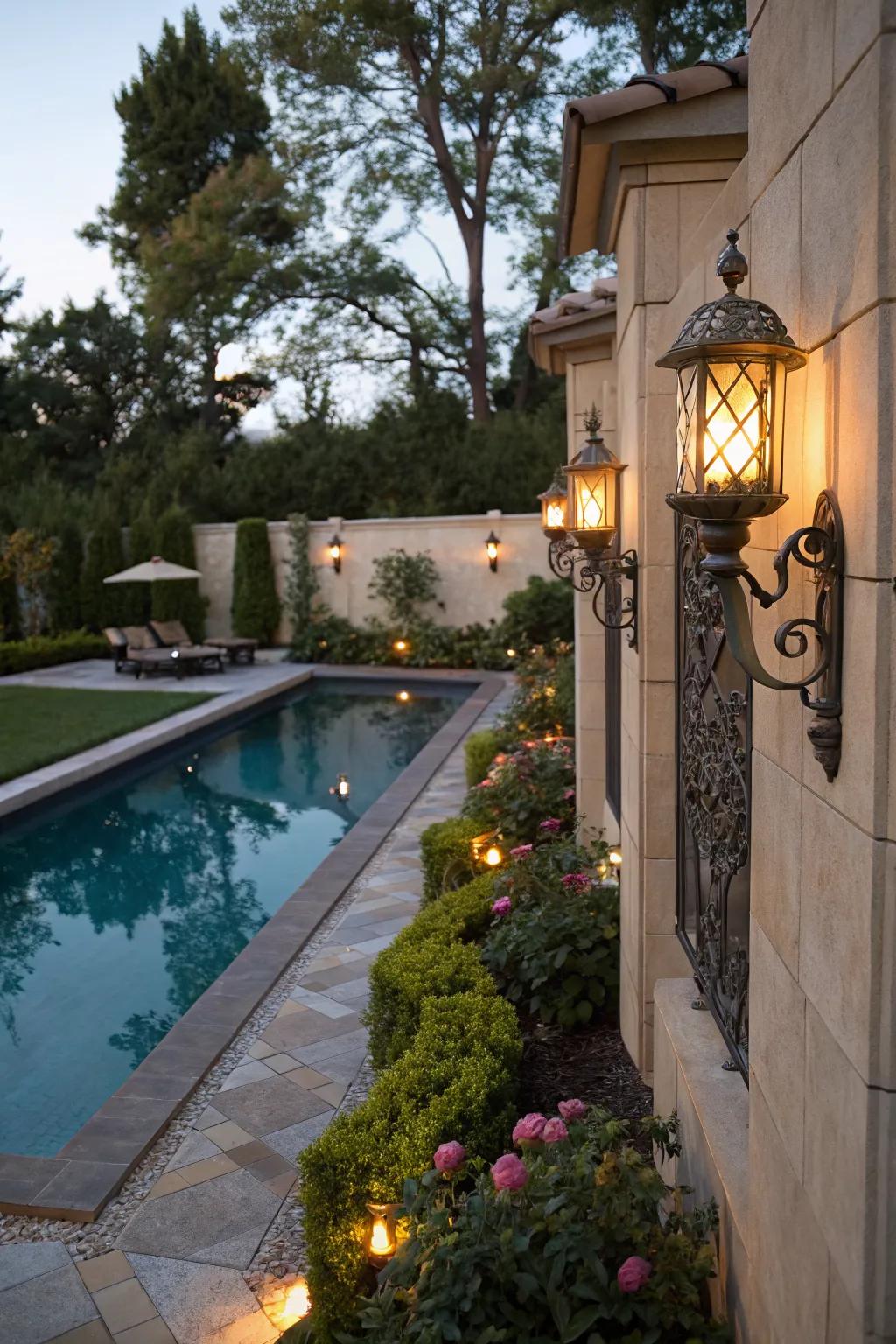 Wall-mounted sconces add stylish ambient lighting to your pool area.