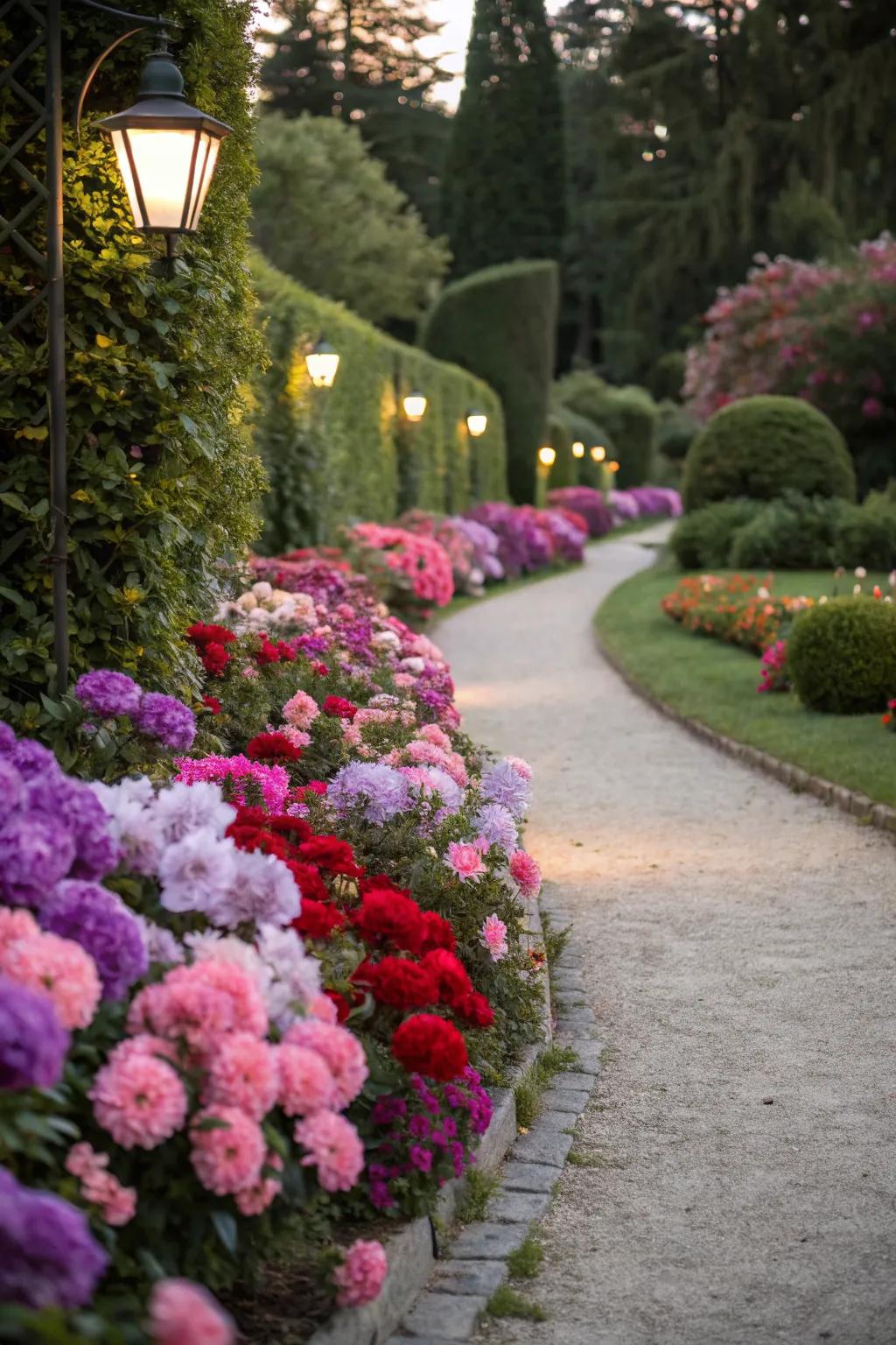 Whimsical garden pathways lined with vibrant artificial flowers.