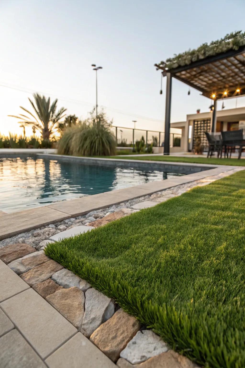 Experiment with textures and shades of artificial grass for a dynamic look.