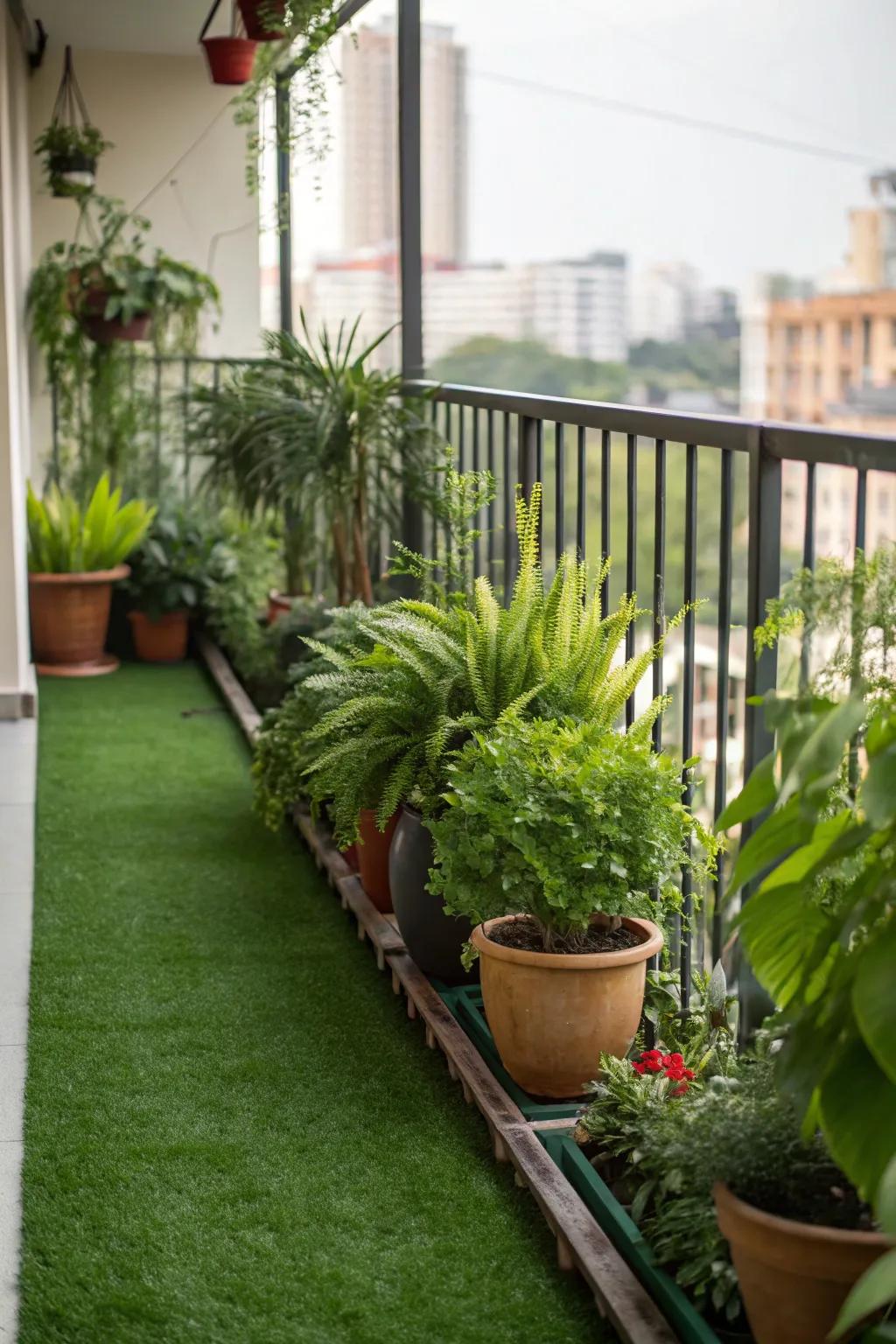 Transform your balcony into an urban jungle with artificial grass.