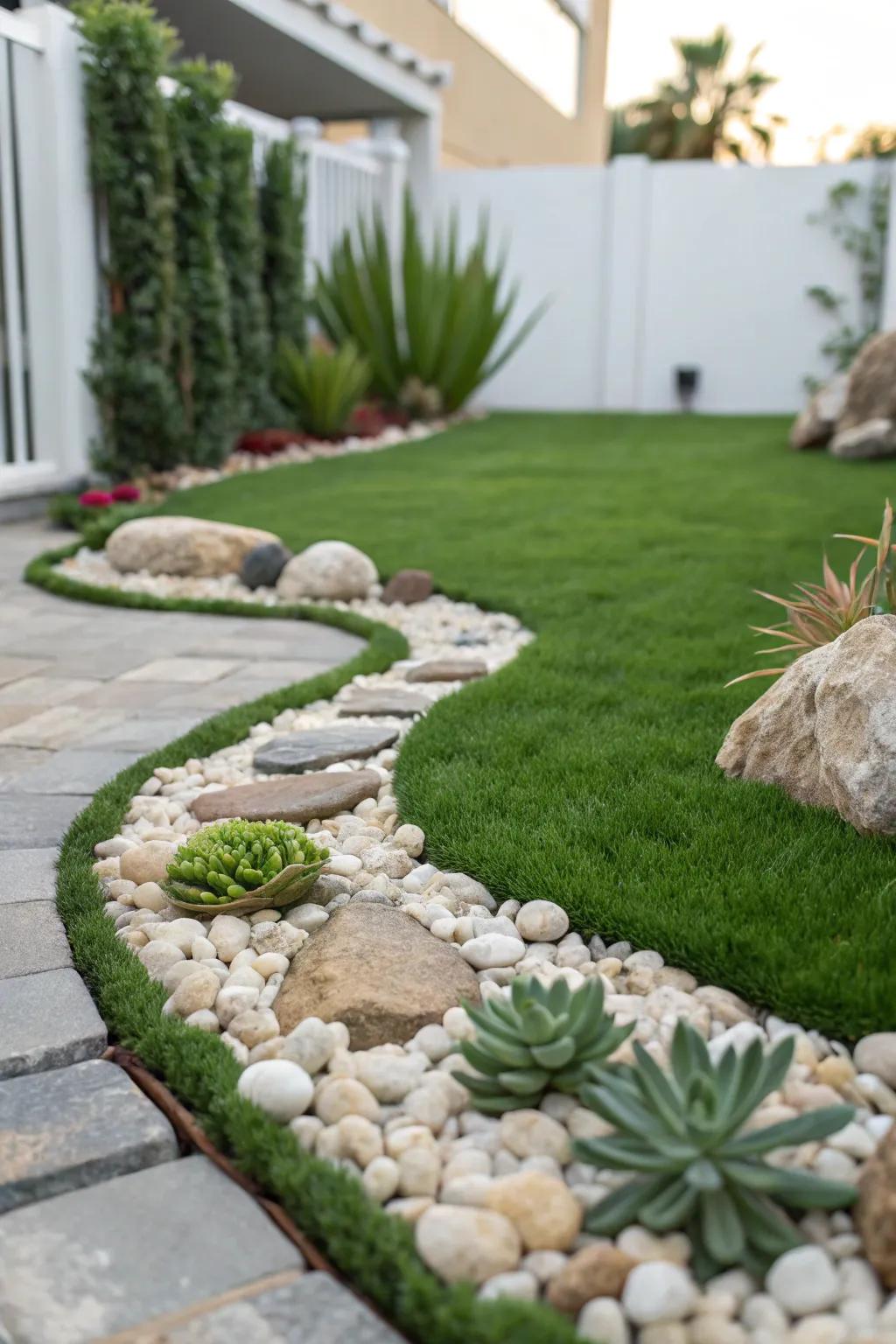 A rock garden adds texture and unique charm to your artificial grass landscape.