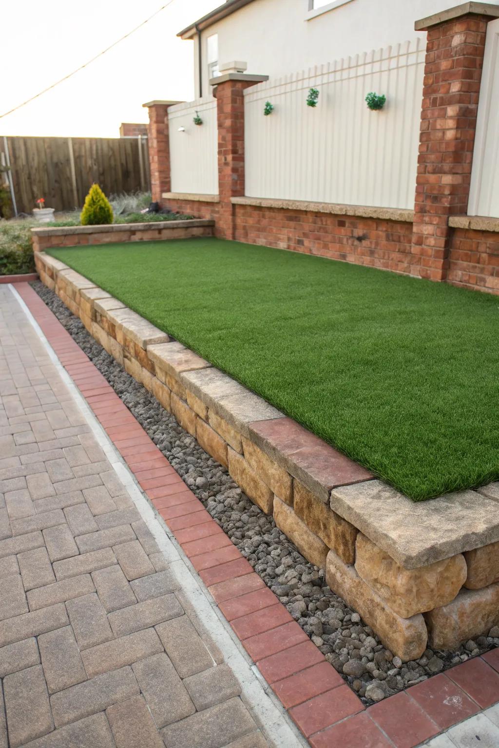 Sophisticated brick and stone edging around artificial turf.