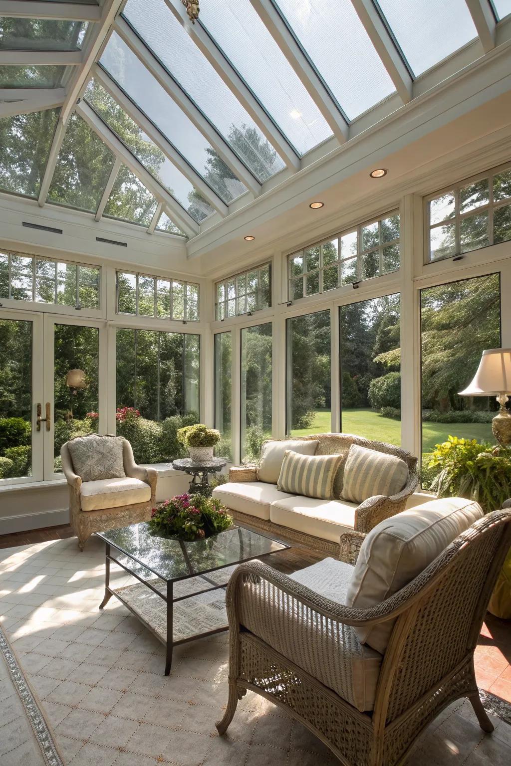 A glass-enclosed sunroom that invites nature inside.