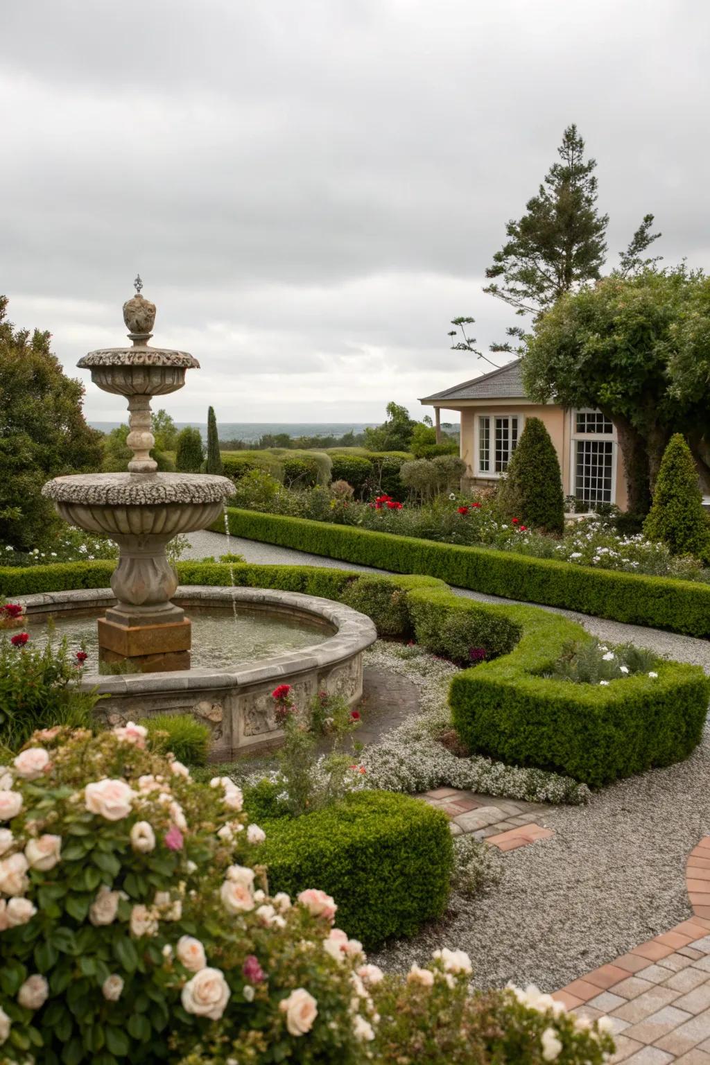 A water feature adds tranquility to a garden.