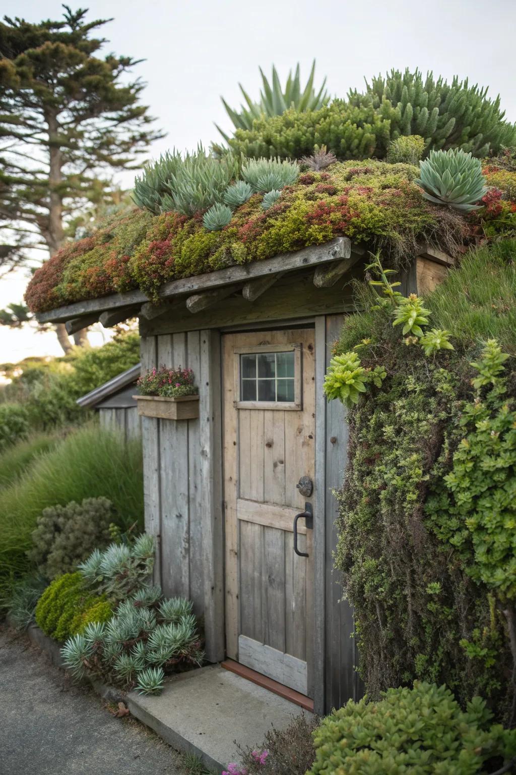 A green roof adds an eco-friendly and unique visual.