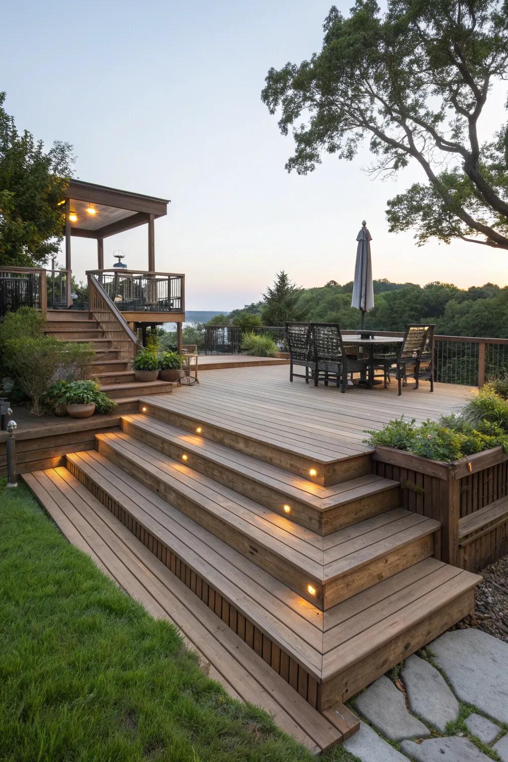 Utilize tiers to transform sloped yards into functional spaces.