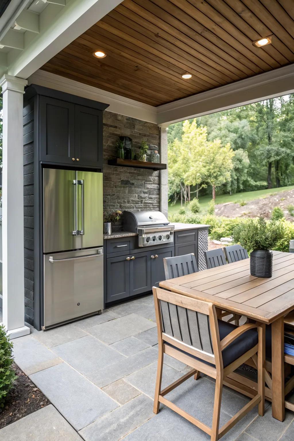A built-in mini fridge adds convenience and style to this back patio kitchen.