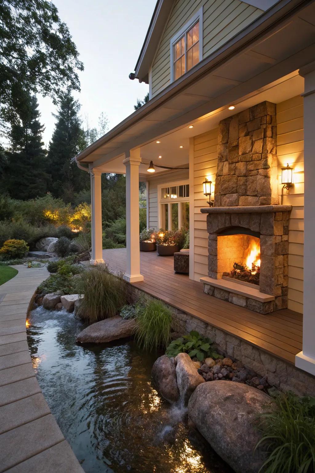 A harmonious blend of fire and water on the porch.
