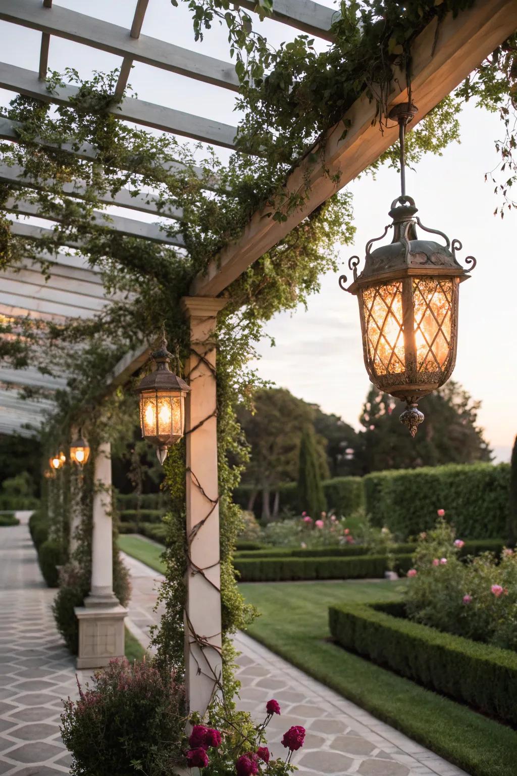 Lanterns casting a warm glow over a pergola.