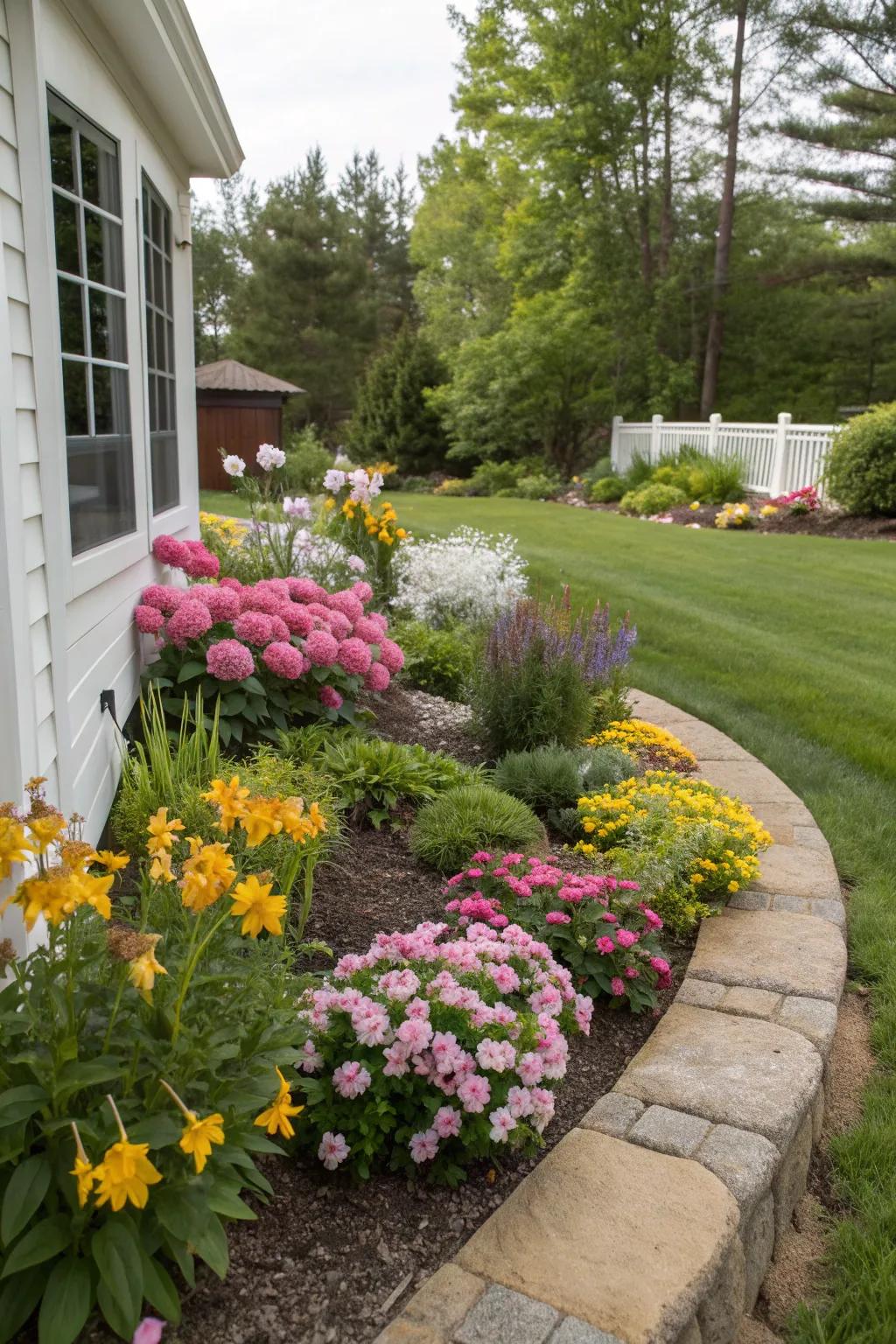 A seasonal flower bed ensures vibrant colors in your backyard corner year-round.