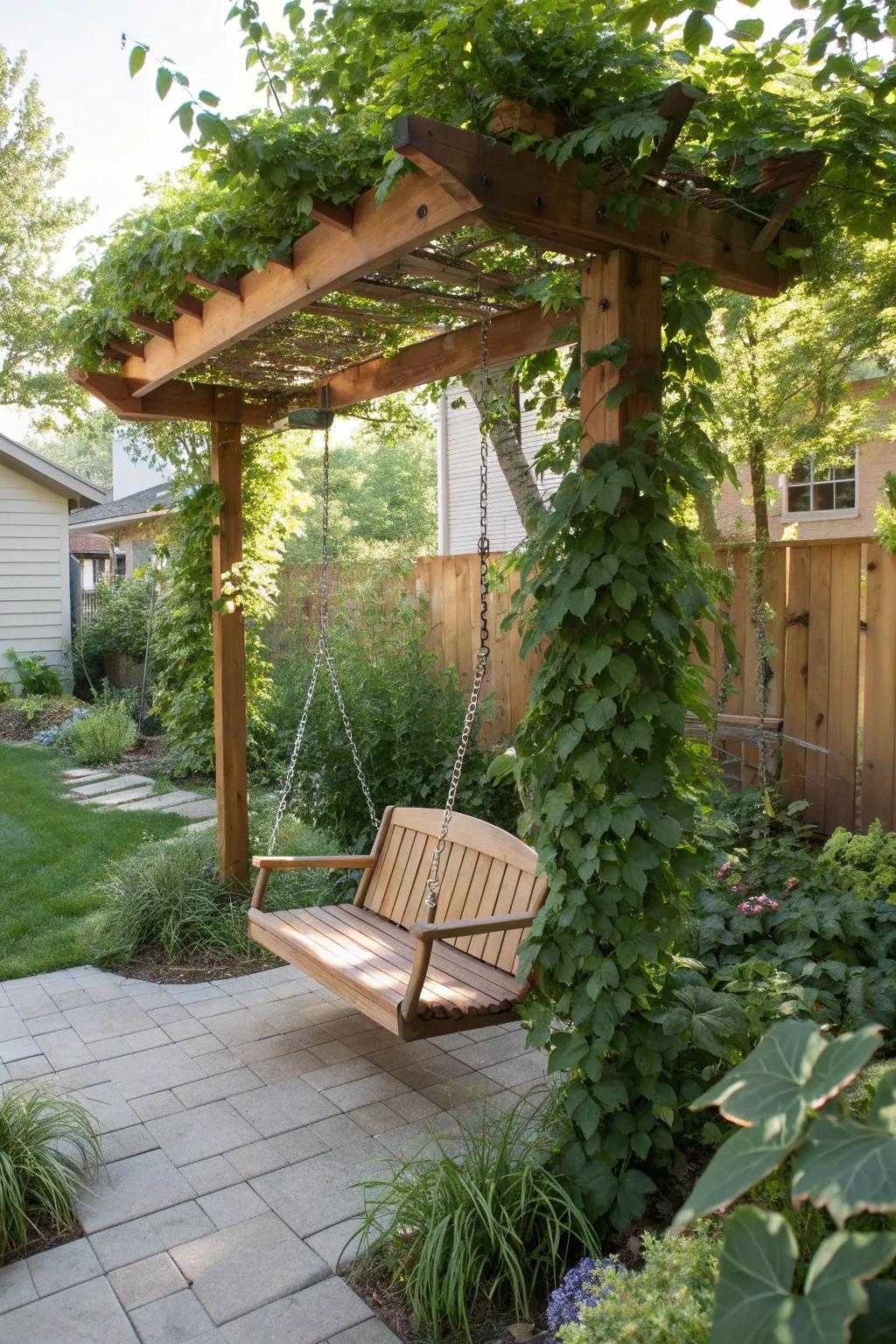 Swing seats adding whimsy and charm to a serene backyard.