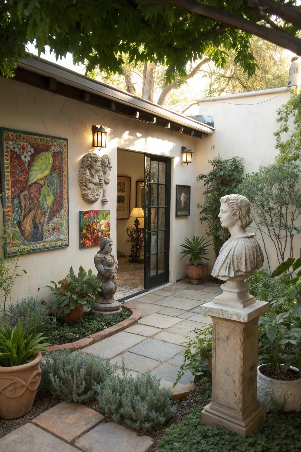 Outdoor art adds a unique and personal touch to the patio.