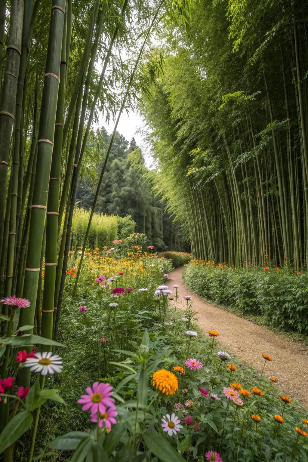 Wildflowers and bamboo create a vibrant mix.