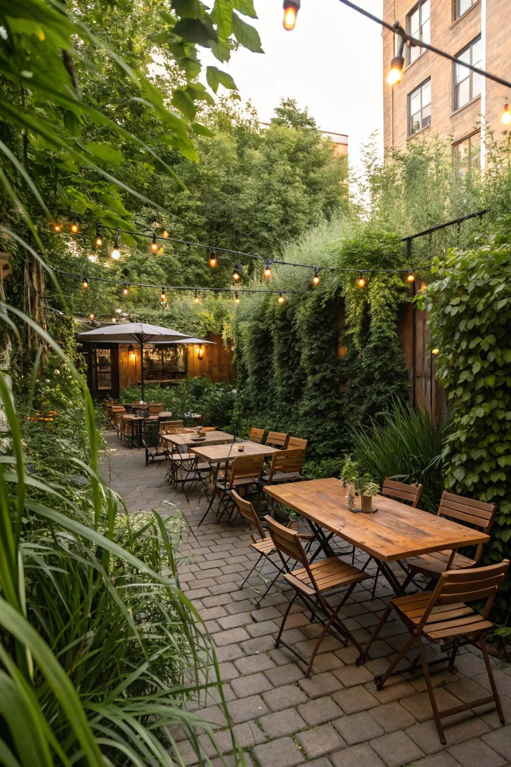 Plants offer natural privacy for a cozy atmosphere.