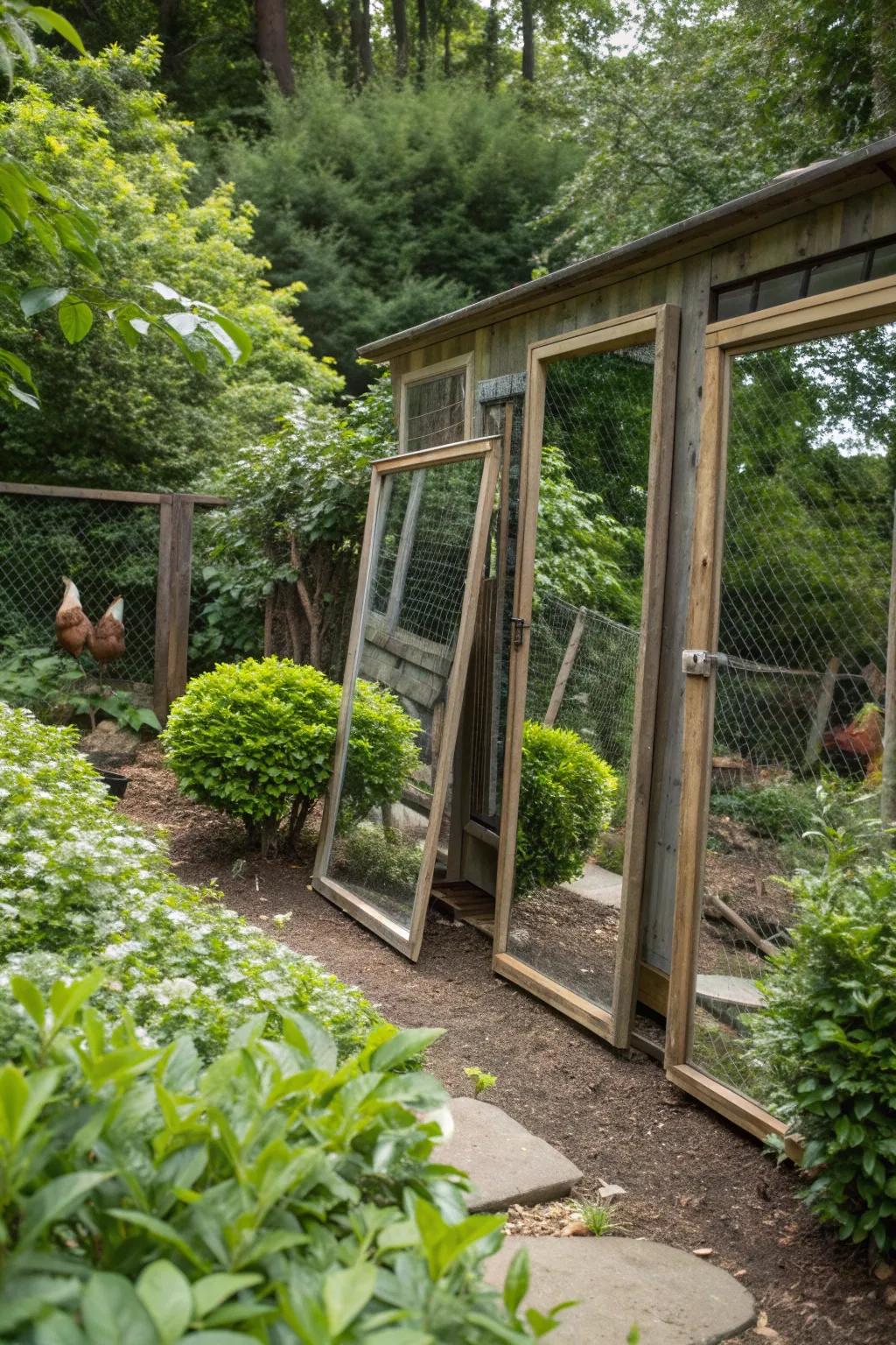 Reflective surfaces create a sense of space and intrigue around the coop.
