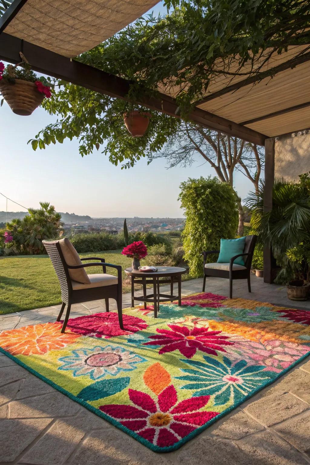 An outdoor rug adds color and cohesion to your backyard decor.