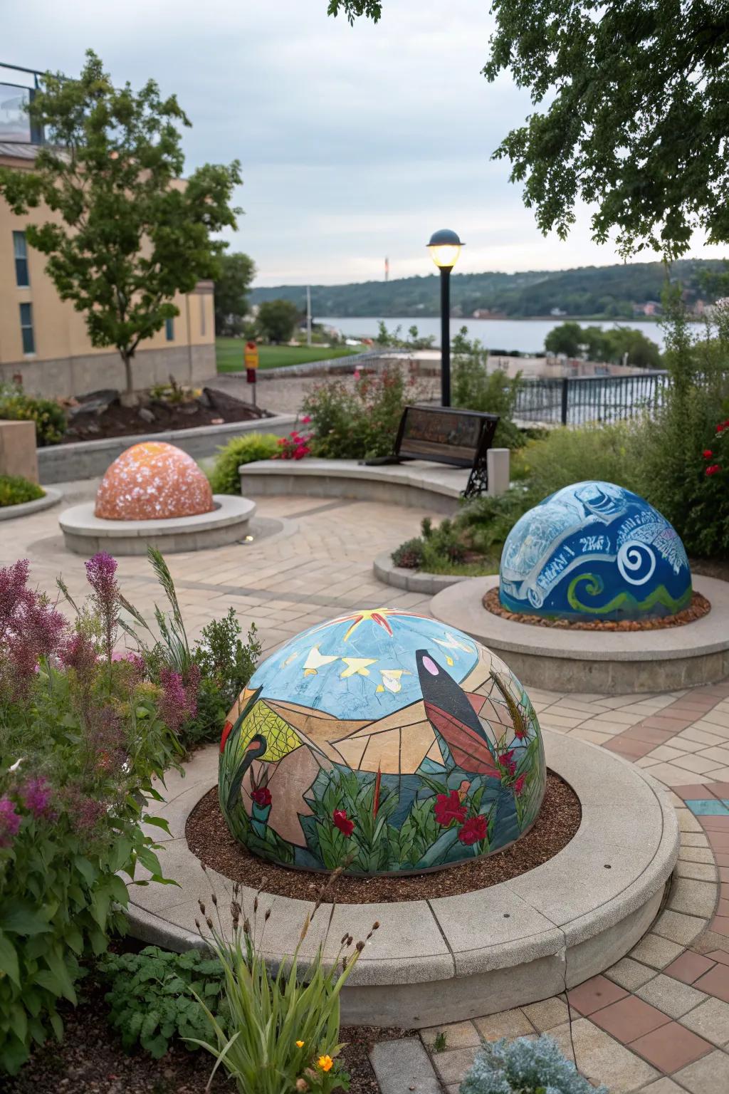 An outdoor art gallery on a circular patio, full of creativity.