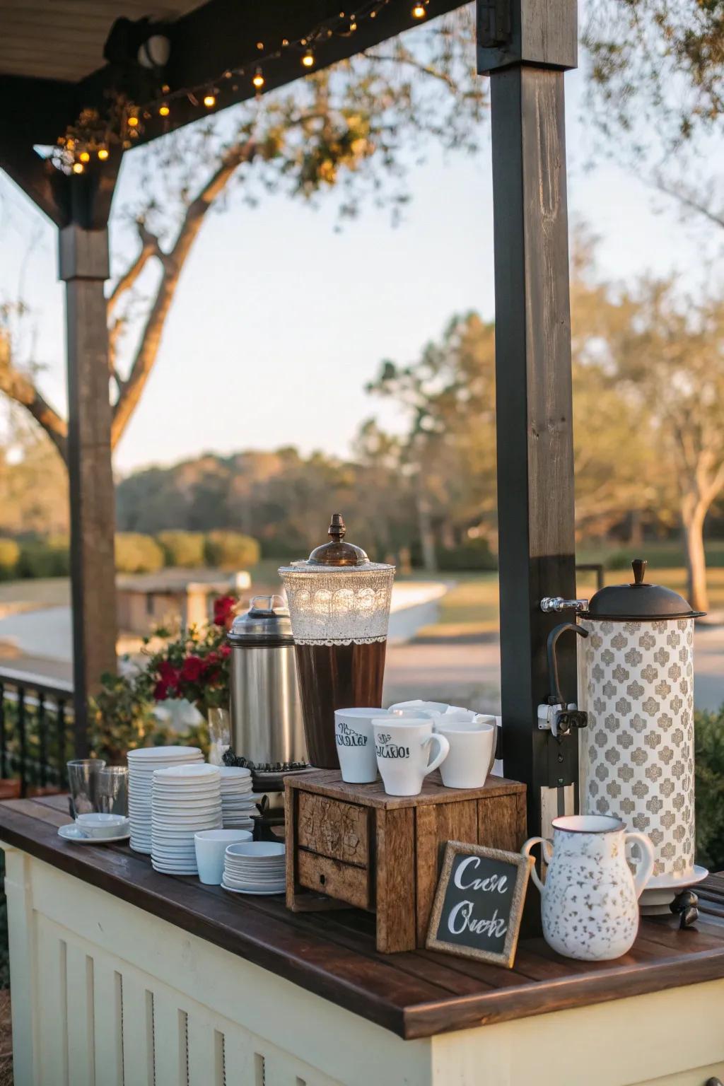 A hot beverage station offers warmth and comfort on cooler nights.