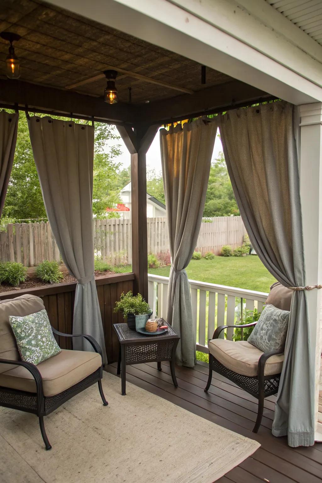 Outdoor curtains adding elegance and privacy to a covered porch.