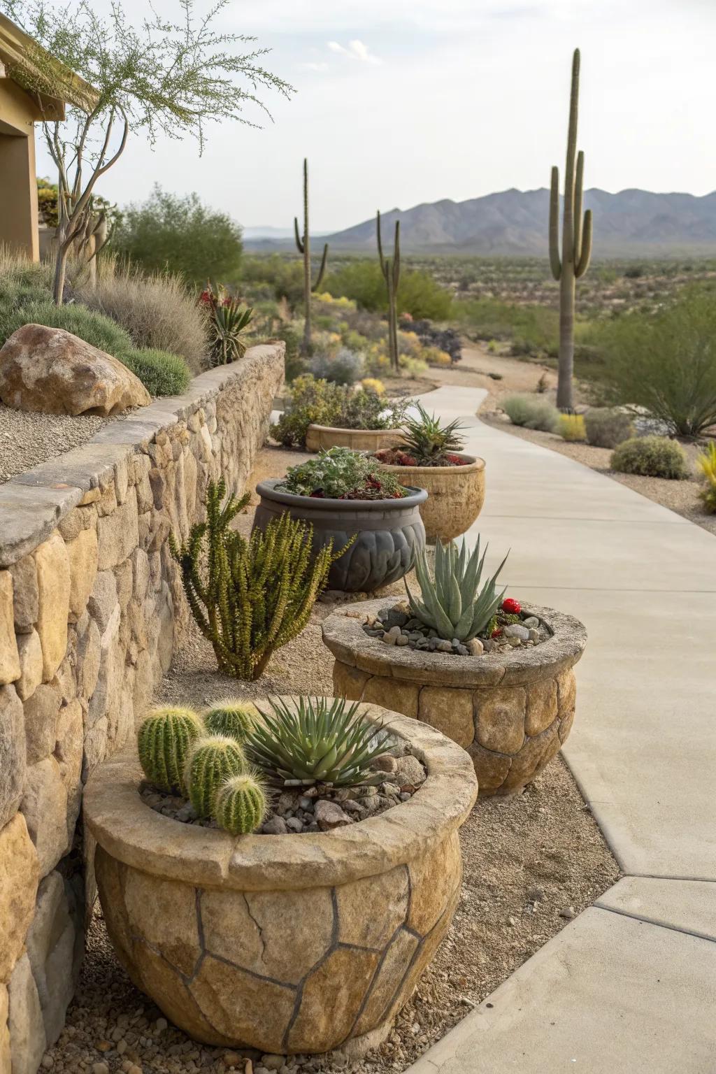 Stone planters offer durability and rustic charm.
