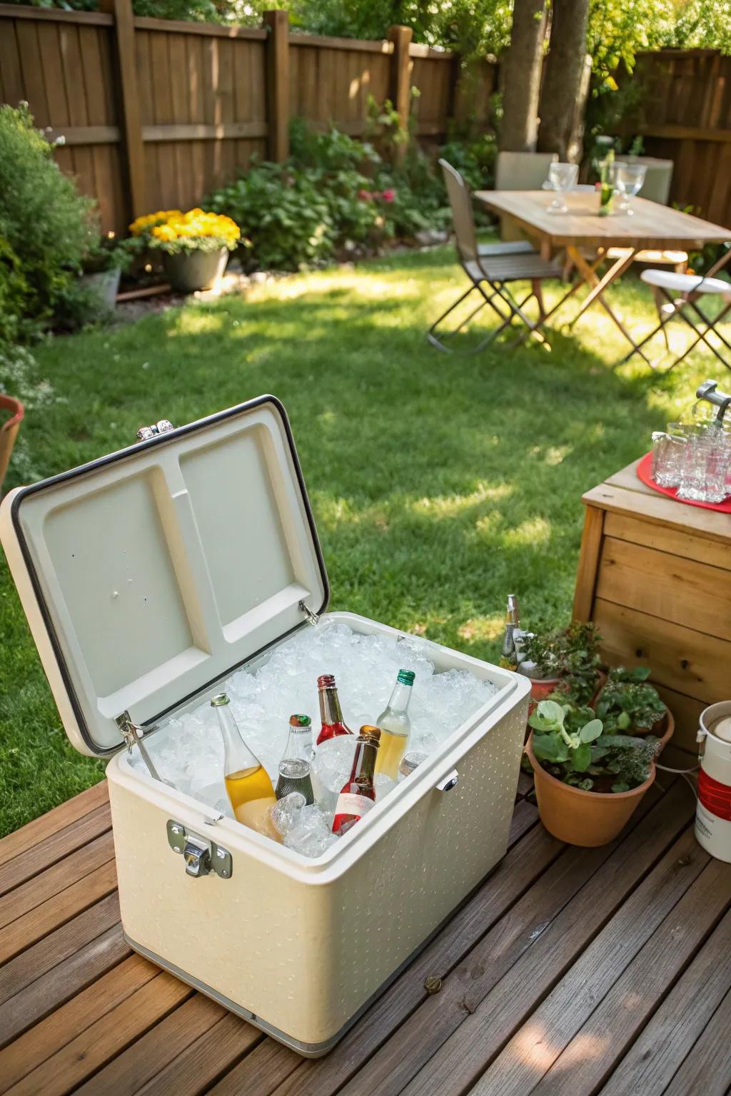 A vintage cooler that adds charm and keeps drinks cool.
