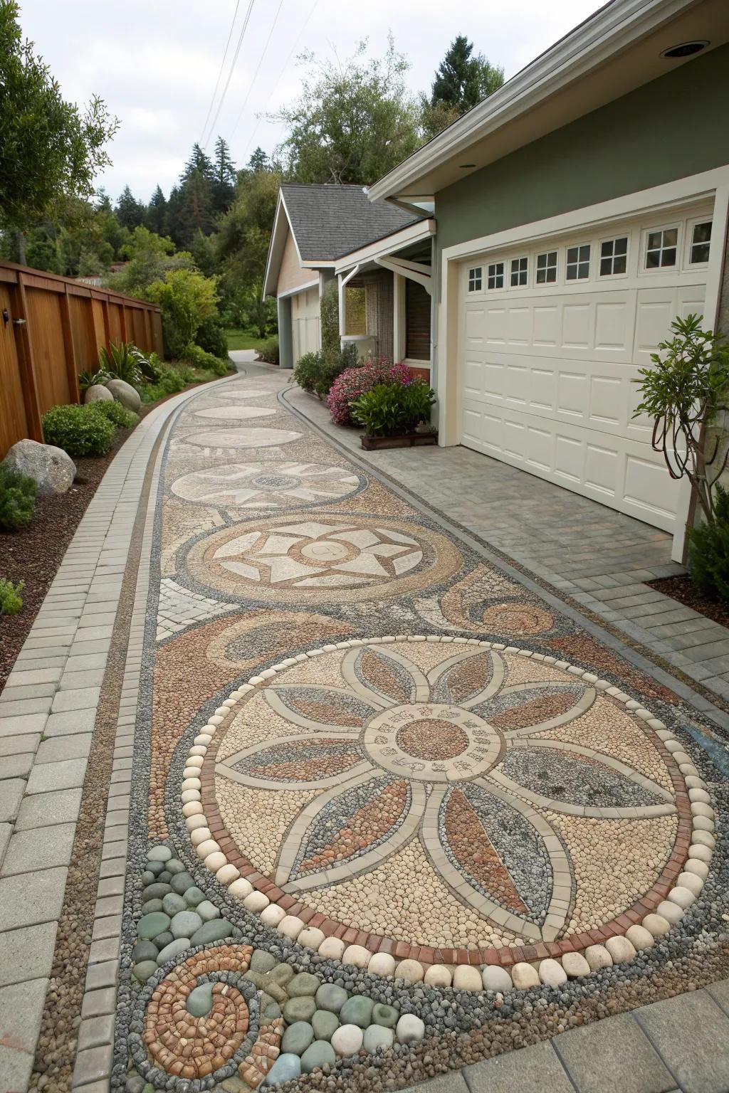 Pebble mosaics add artistry and uniqueness to any driveway.