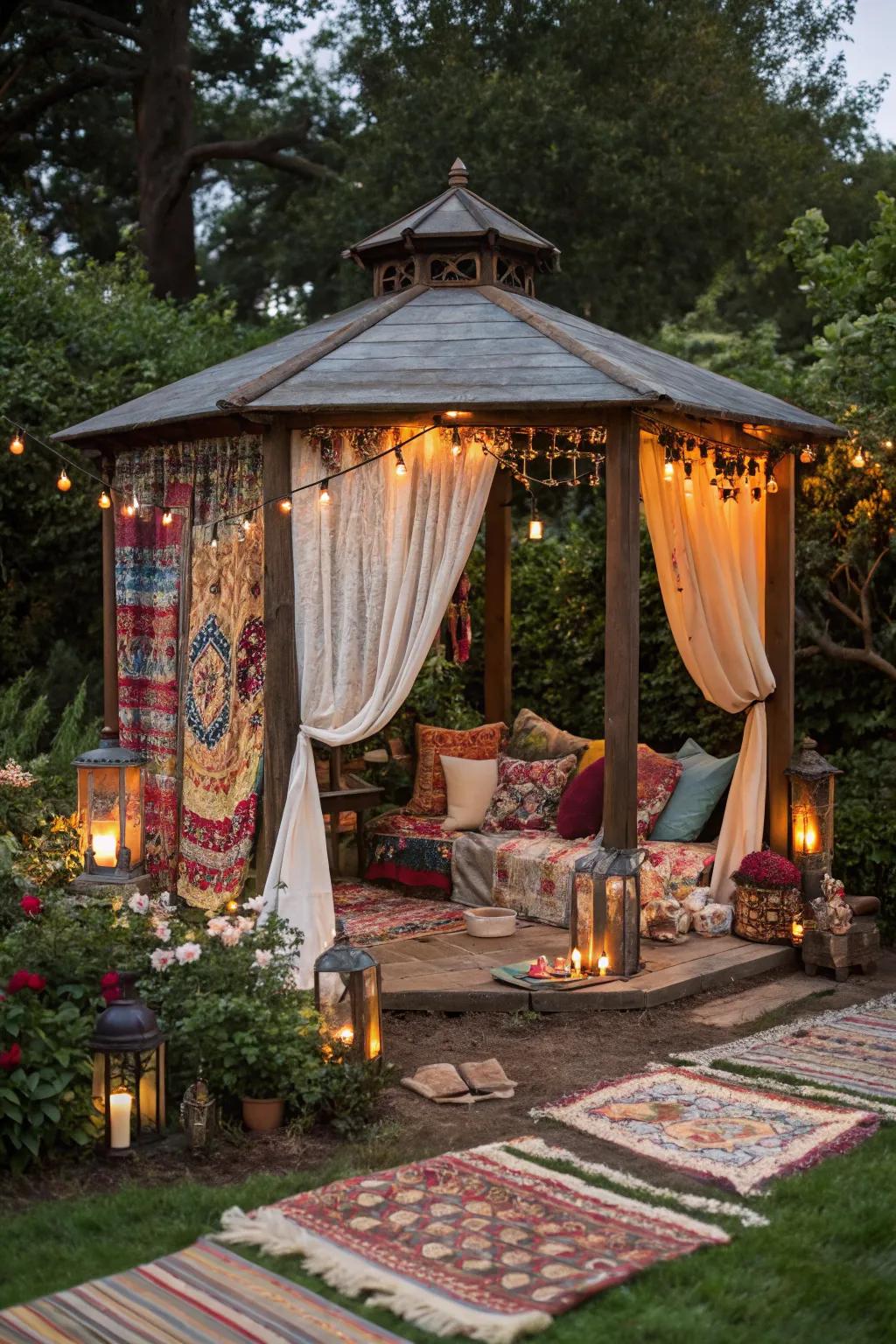 Create a chic bohemian lounge in your gazebo.