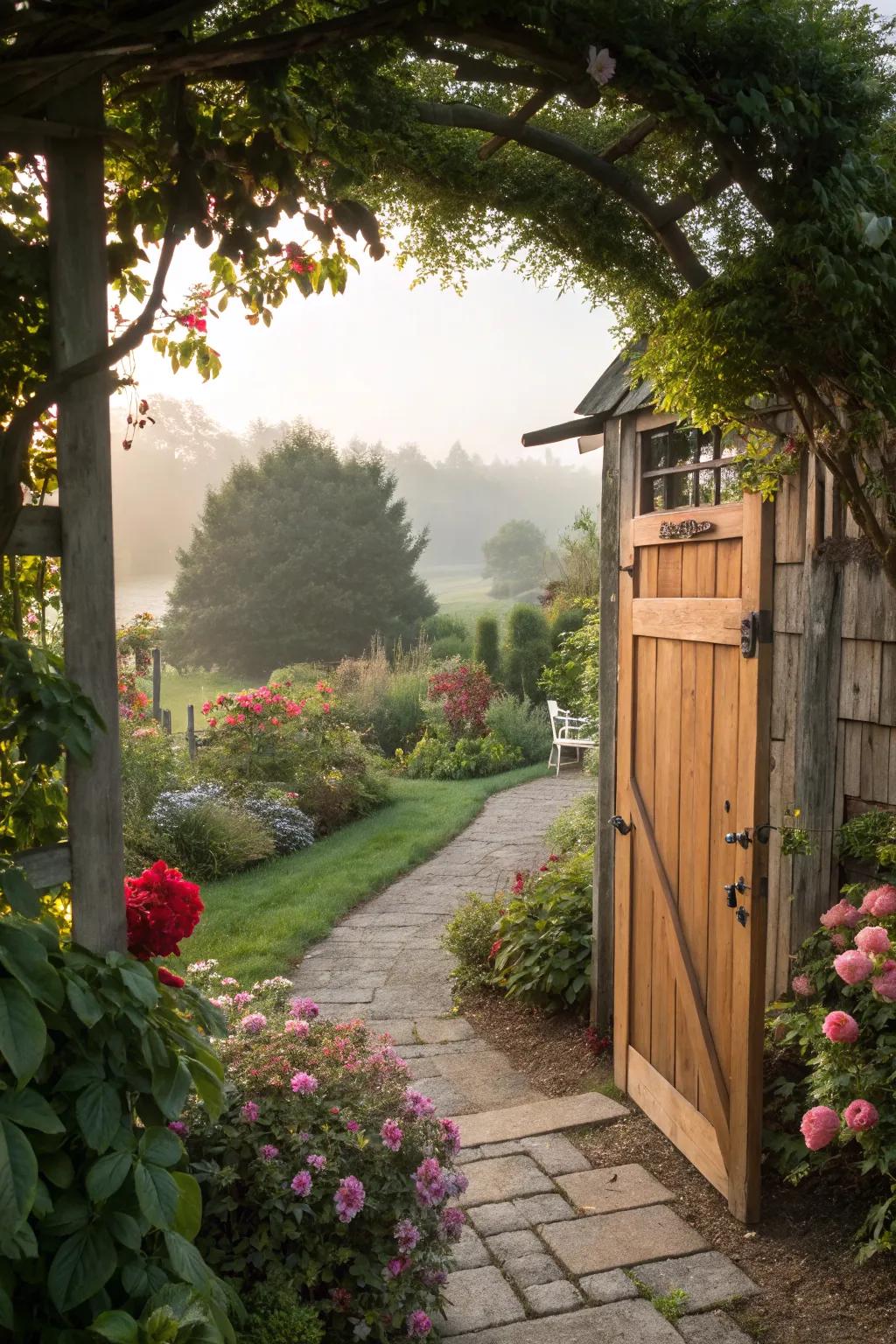 A backyard entrance framed by garden borders filled with seasonal blooms.