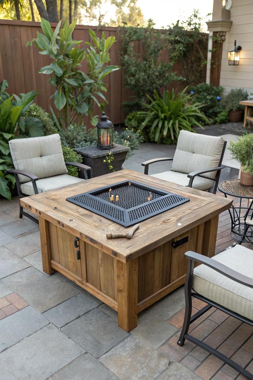 A wooden fire pit table with a grill top is ideal for cozy gatherings.